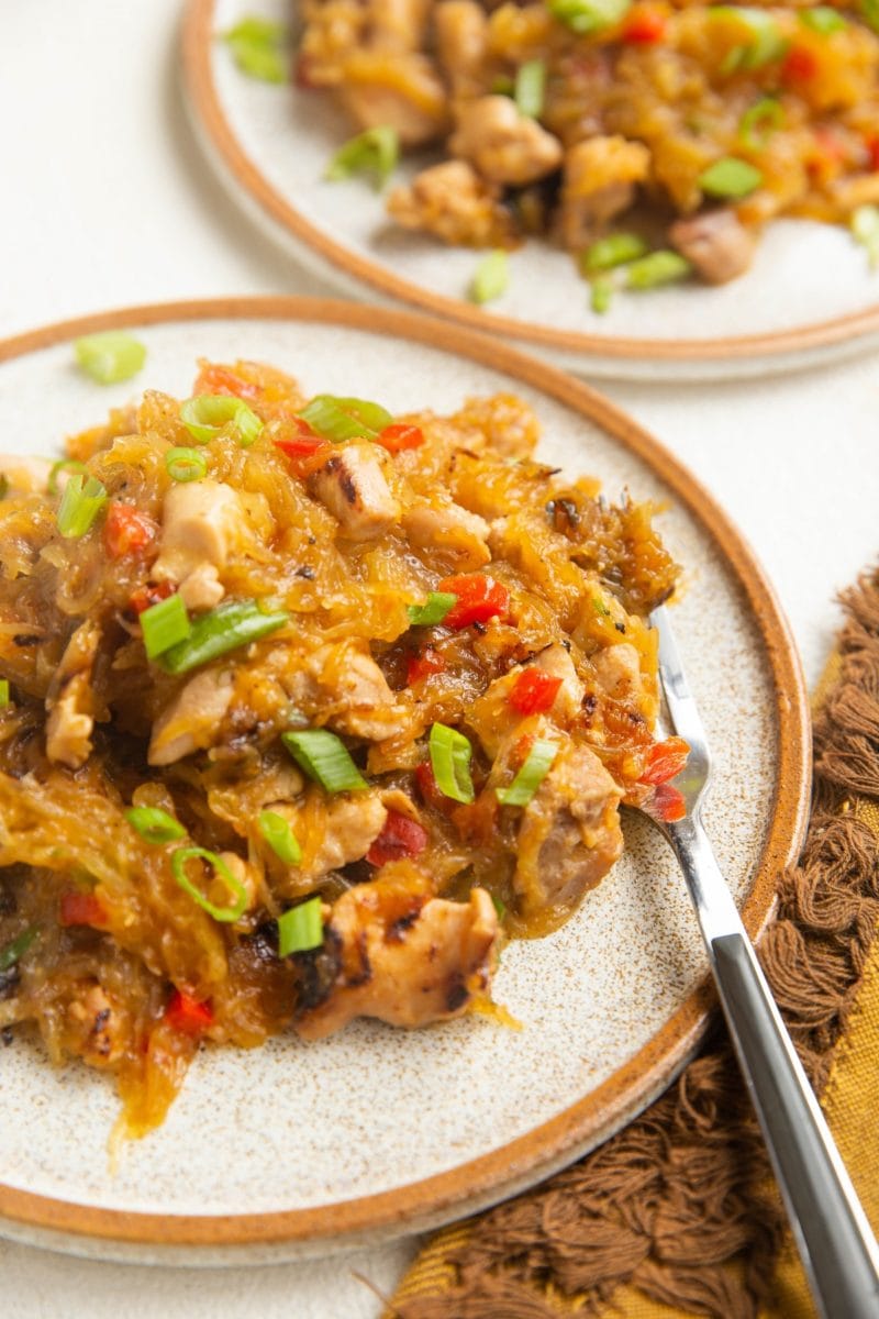 Two plates of spaghetti squash drunken noodles