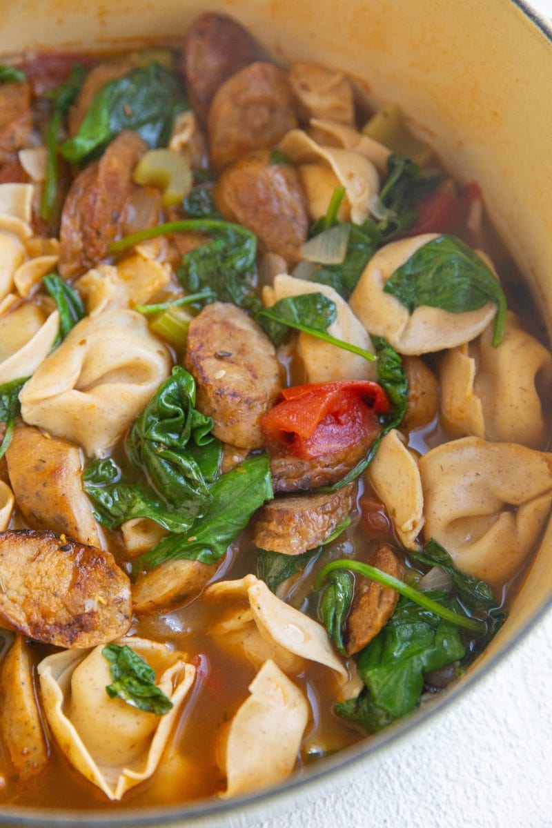 Finished tortellini soup in a pot