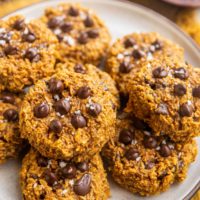 Close up shot of pumpkin oatmeal cookies on a plate