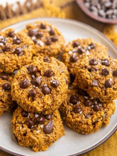 Close up shot of pumpkin oatmeal cookies on a plate