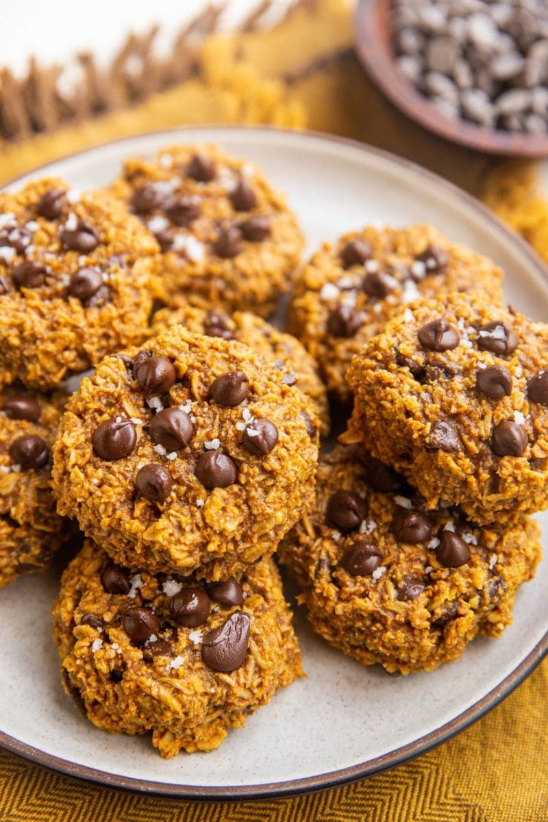 Close up shot of pumpkin oatmeal cookies on a plate