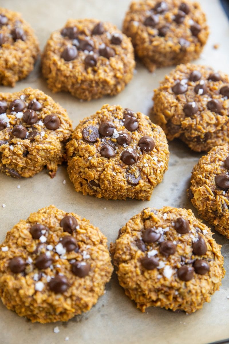 Cookie tray of healthy pumpkin chocolate chip cookies.