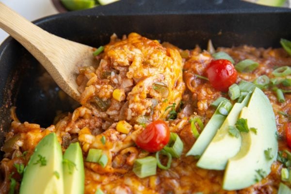 Chicken and rice enchilada casserole fresh out of the oven