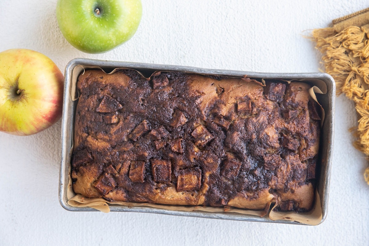 Freshly baked apple cinnamon bread, fresh out of the oven.