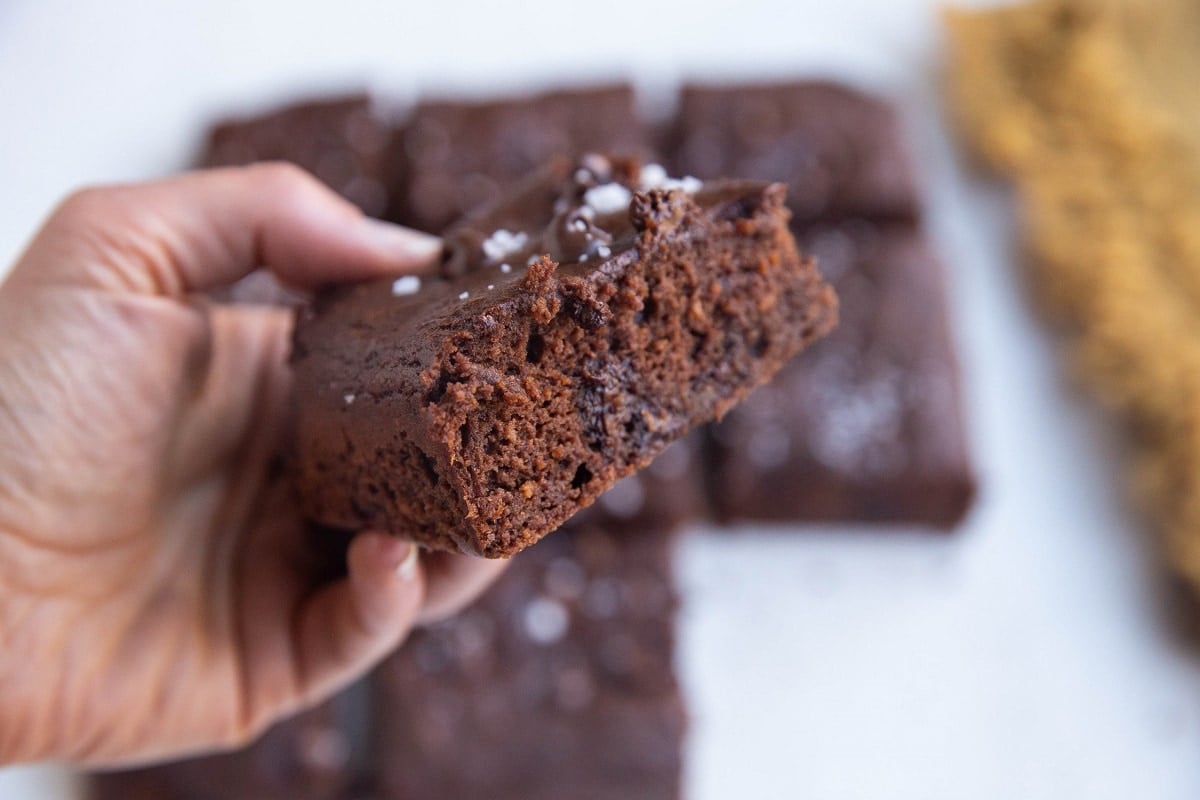 Hand holding a sweet potato brownies