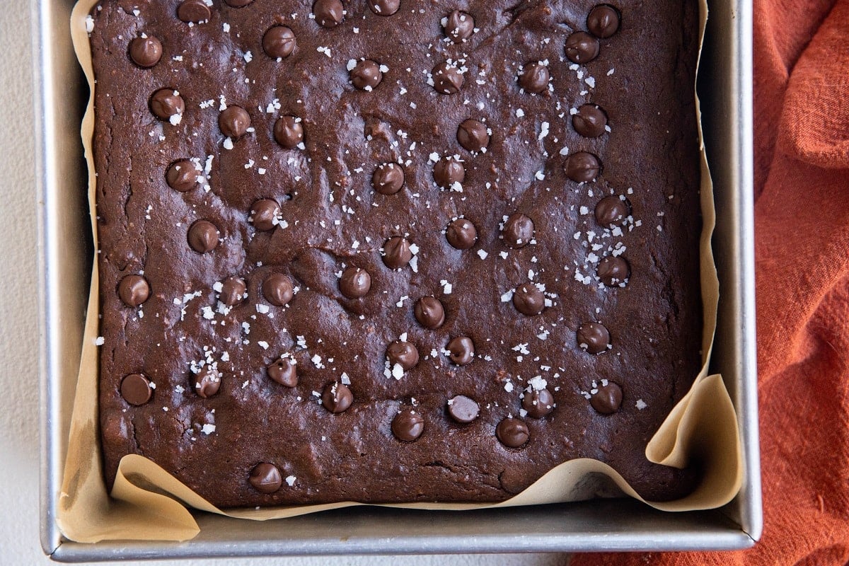 Tray of sweet potato brownies fresh out of the oven.