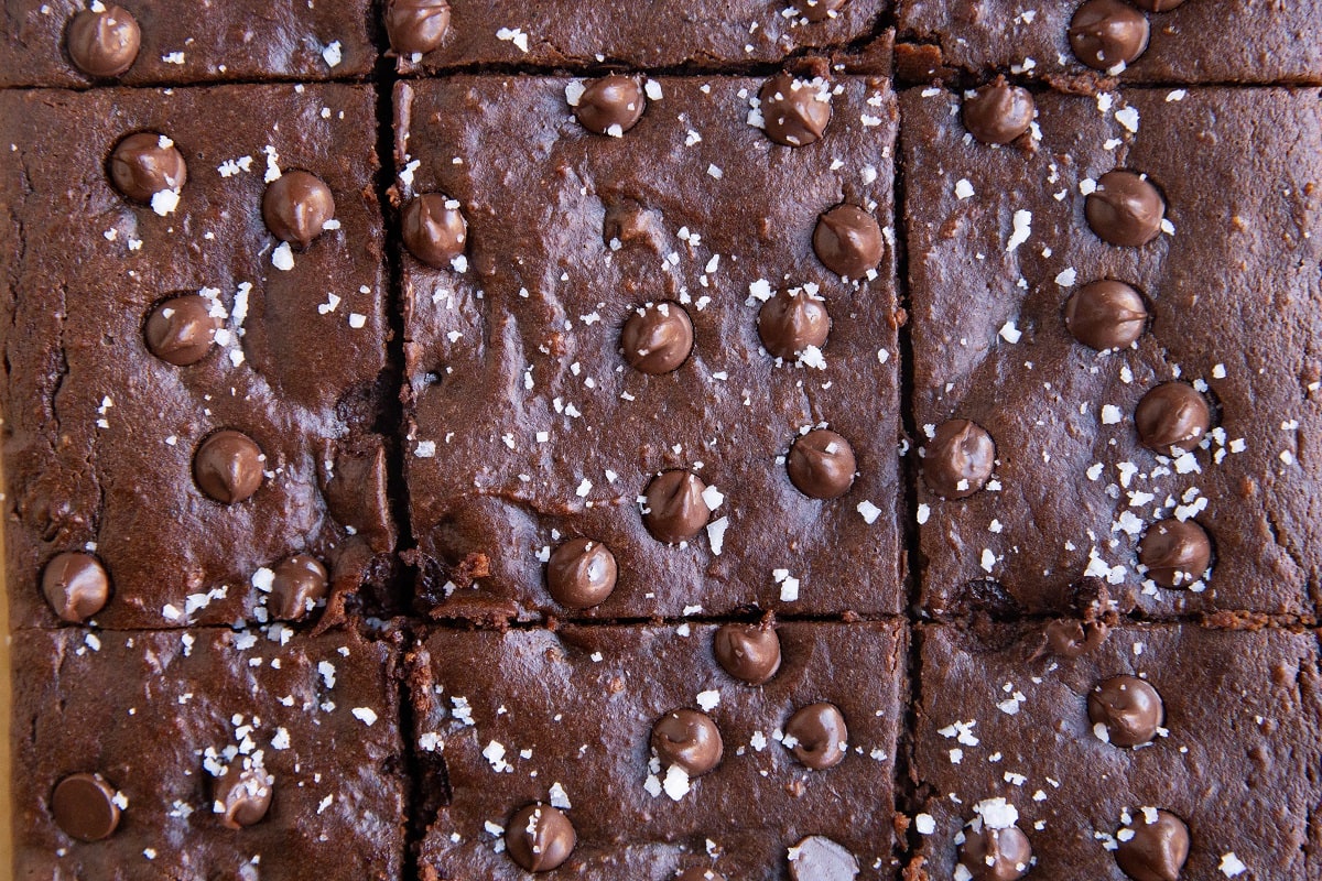 horizontal image of sliced sweet potato brownies