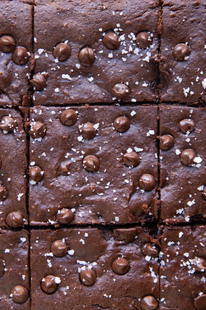 Vertical image of sliced sweet potato brownies.