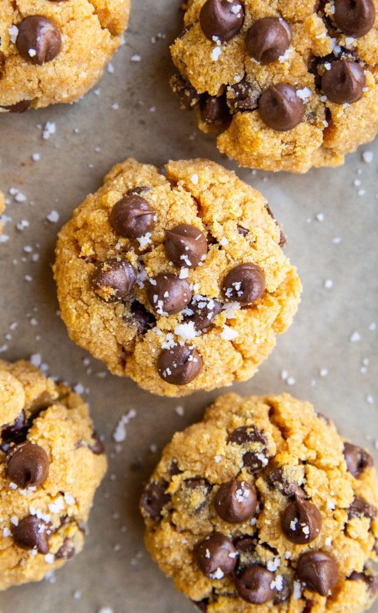 Close up top down photo of pumpkin chocolate chip cookies on a baking sheet