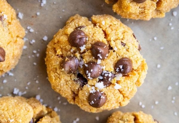 Horizontal photo of keto chocolate chip pumpkin cookie