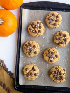 Finished pumpkin chocolate chip cookies, fresh out of the oven.