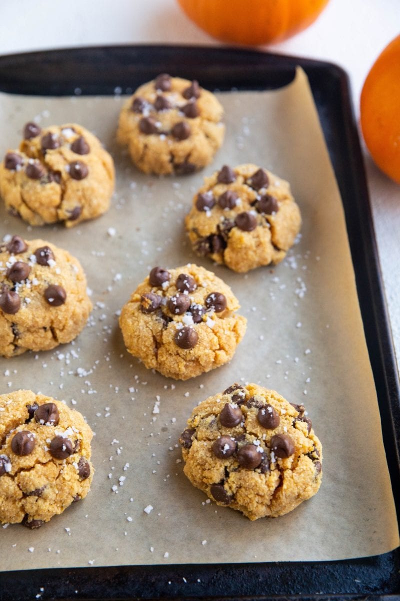 baking sheet with low-carb pumpkin chocolate chip cookies.