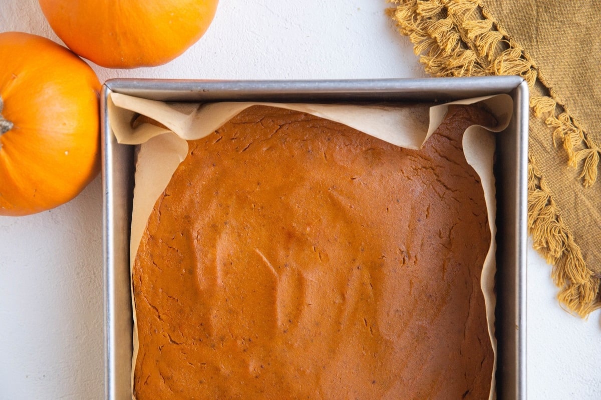 Keto pumpkin pie fresh out of the oven.