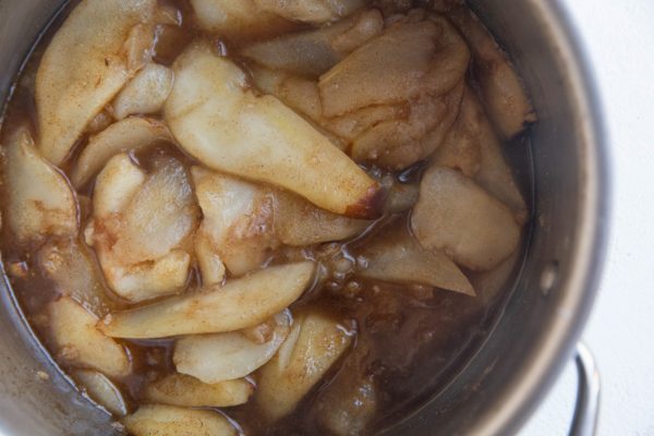 Finished pear filling in a saucepan, ready to be used.