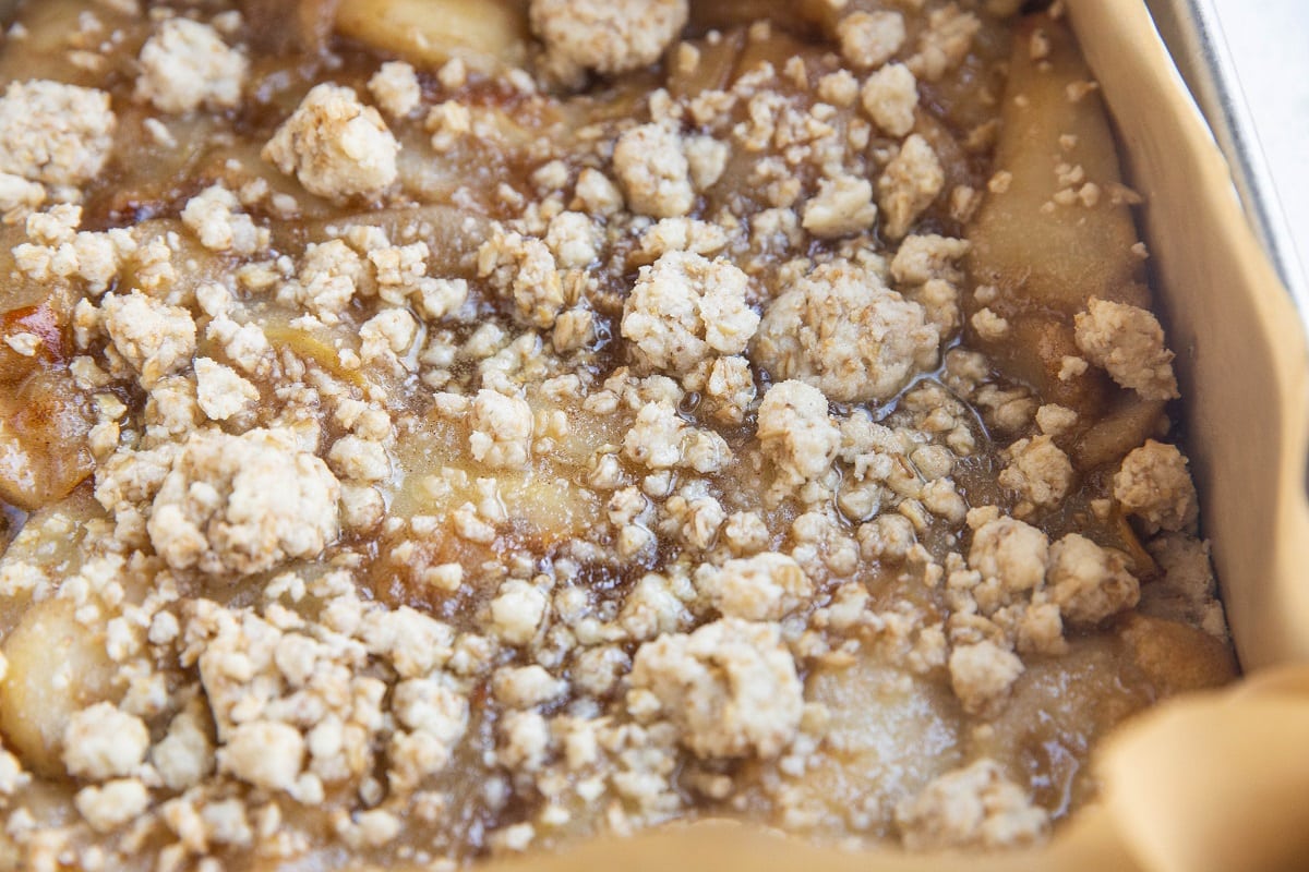 Pear crumb bars fresh out of the oven.