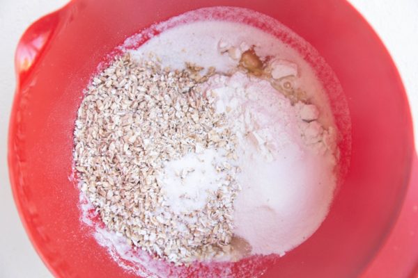 Ingredients for crust and crumb topping in a mixing bowl, ready to be mixed together