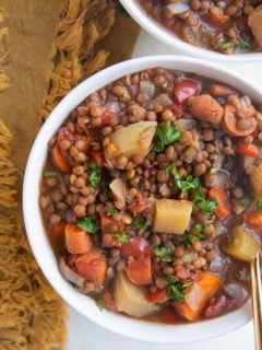 Close up image of two bowls of lentil soup with veggies