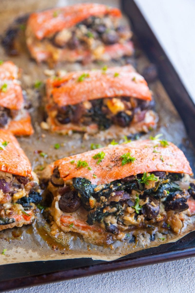 Finished stuffed salmon, fresh out of the oven.