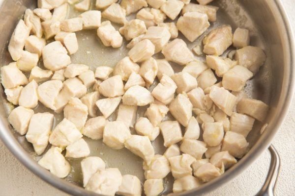 Chopped chicken cooking in a skillet