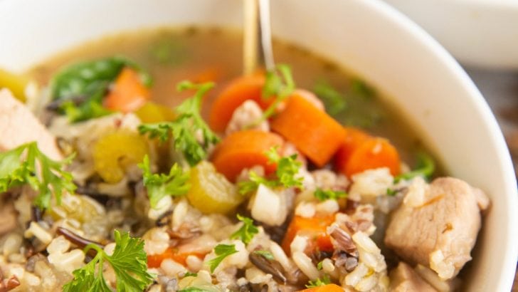 Two bowls of wild rice chicken soup.