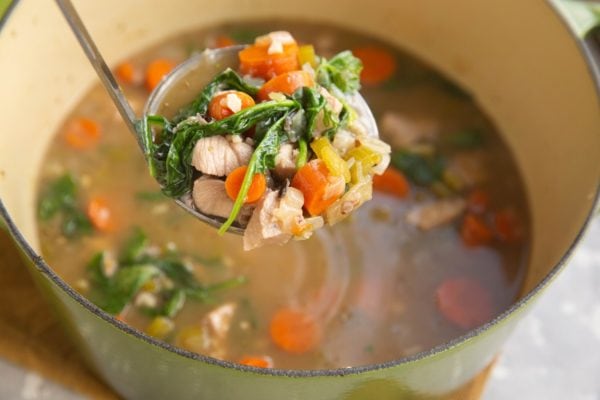 Pot of chicken soup with a ladle serving some up.