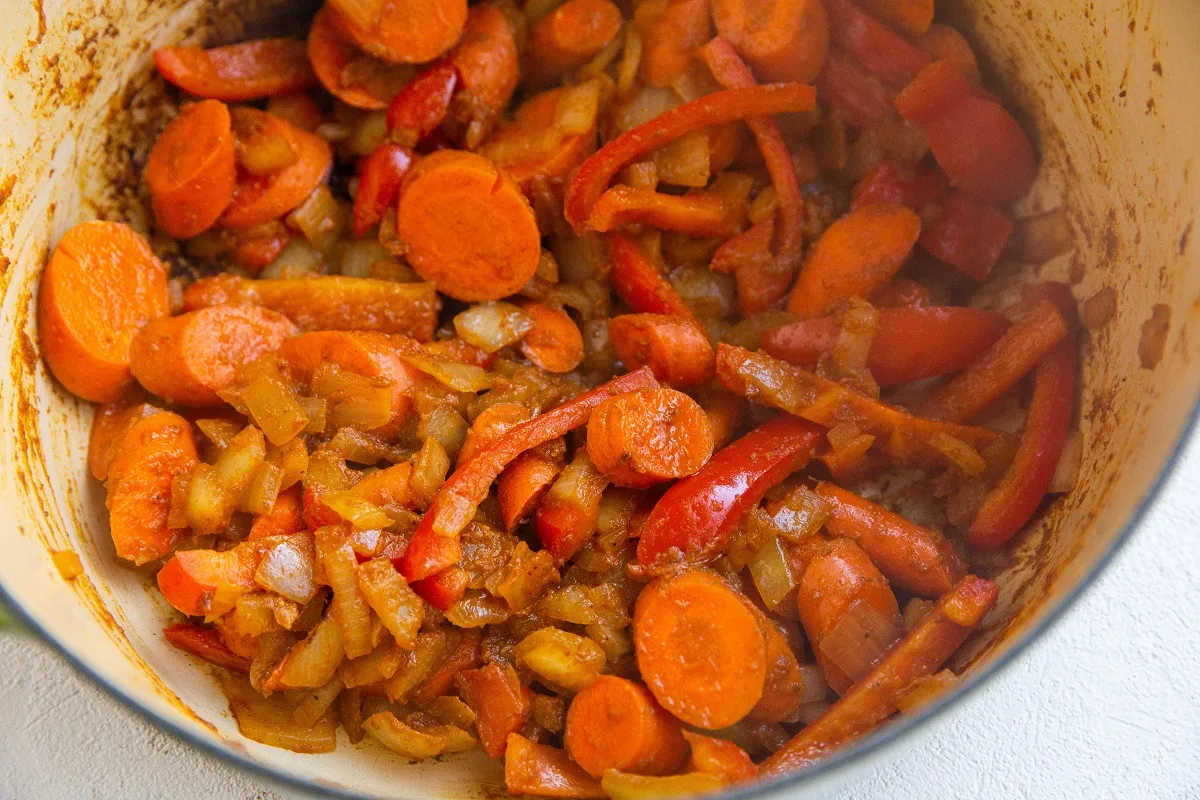 Vegetables cooking in a soup pot