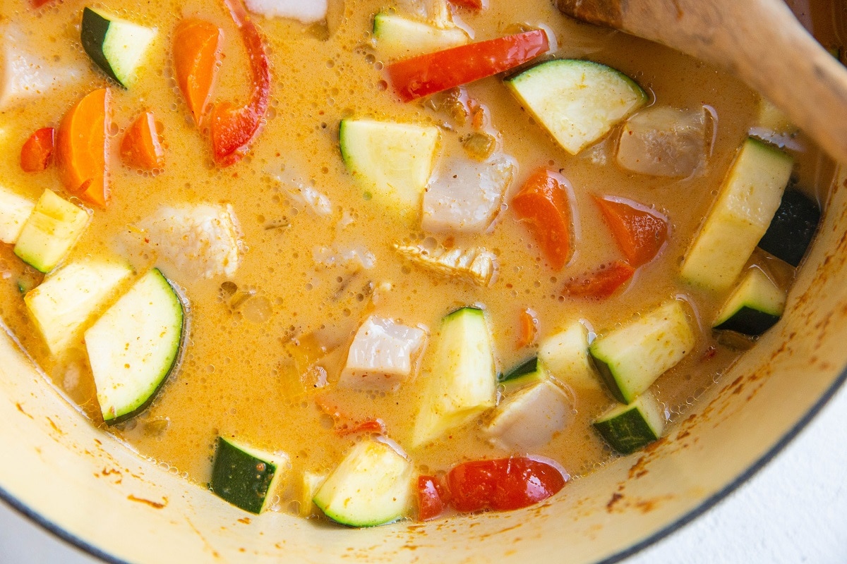 All of the ingredients for the soup in the pot, ready to boil.