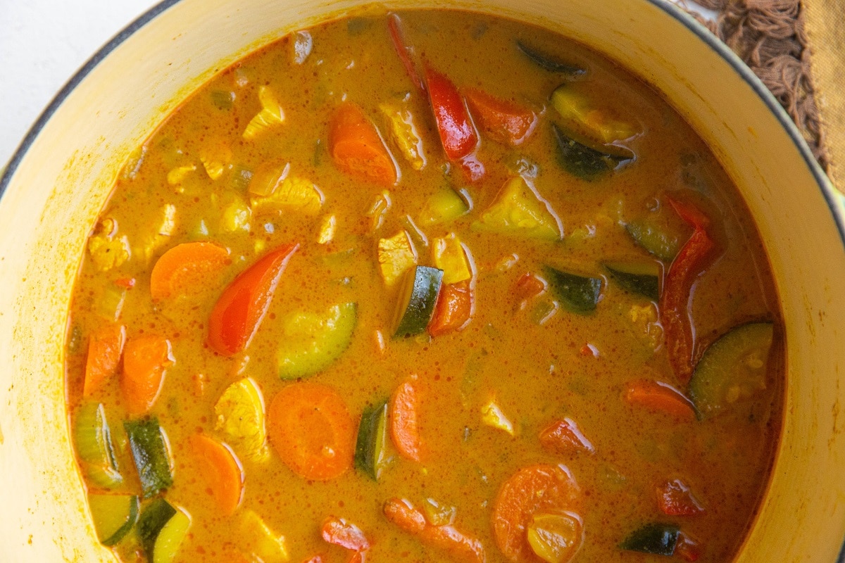 Finished curry soup in a pot.