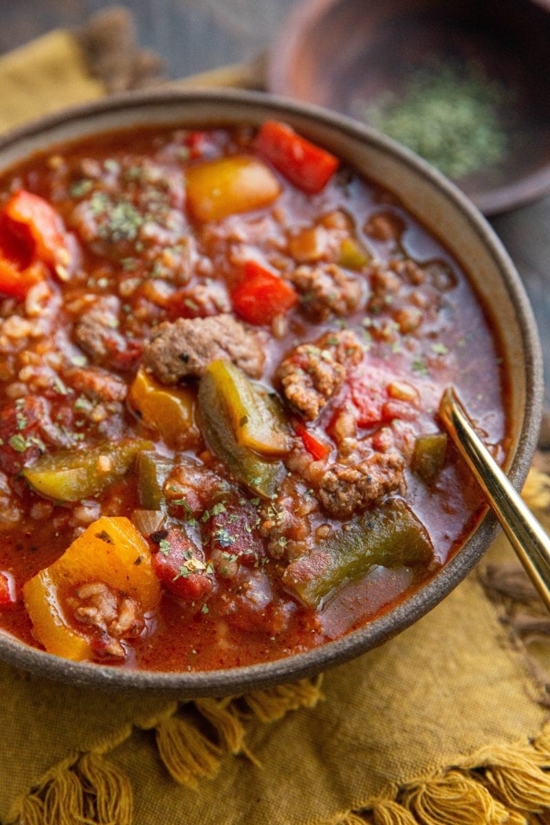 Angled shot of a big bowl of ground beef and pepper stew.