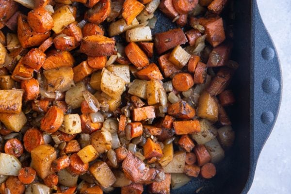 baking dish of roasted vegetables, fresh out of the oven.