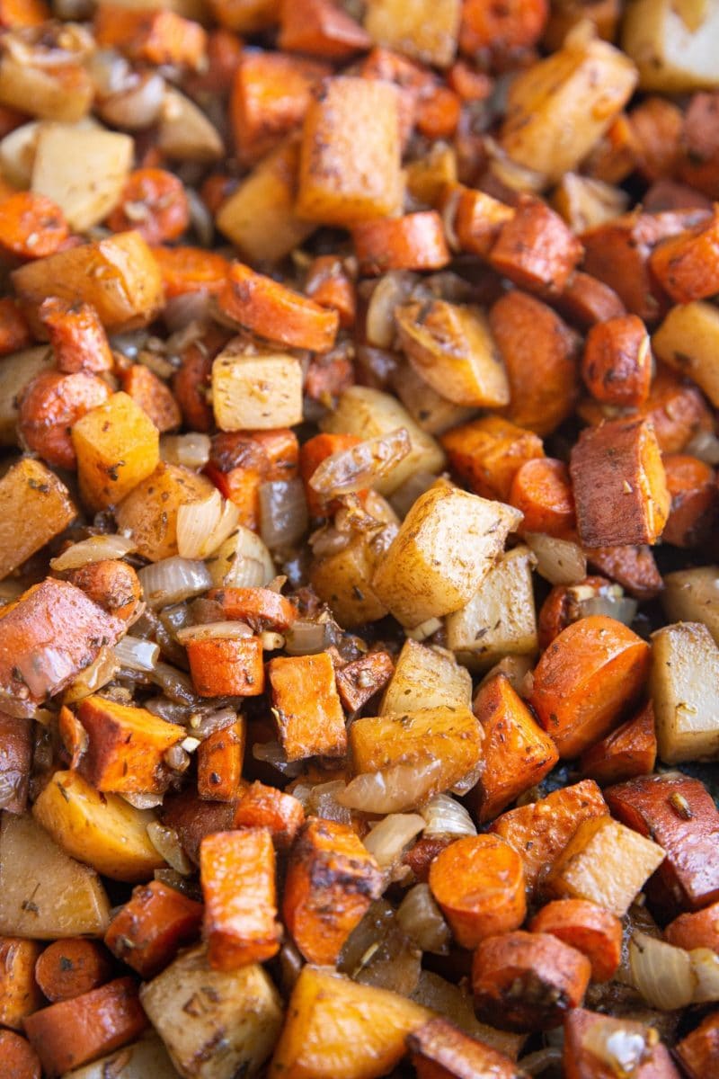Close up image of balsamic roasted root vegetables.