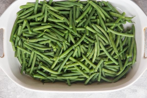 Green beans in a large casserole dish.