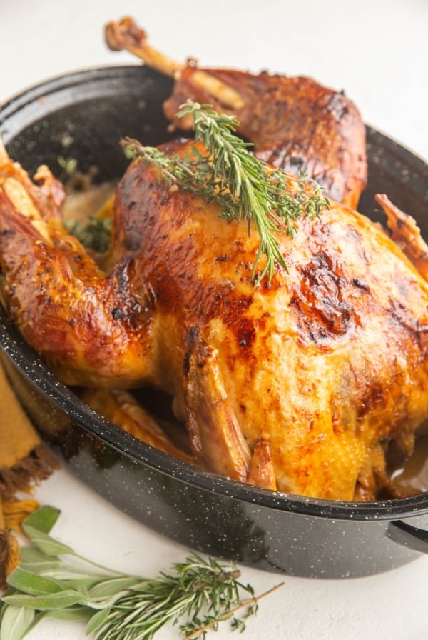 Roast turkey in a roasting pan with fresh herbs on top and fresh herbs to the side.
