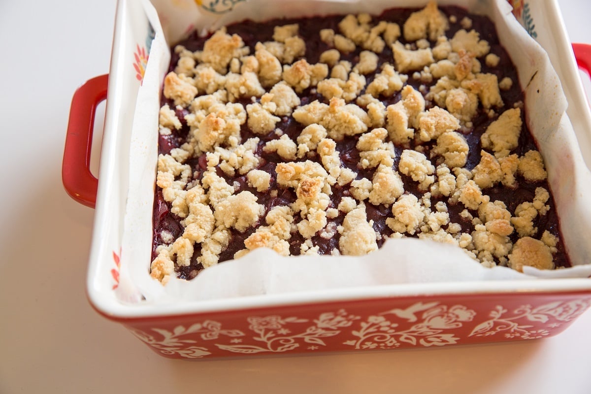 Cranberry crumb bars fresh out of the oven.