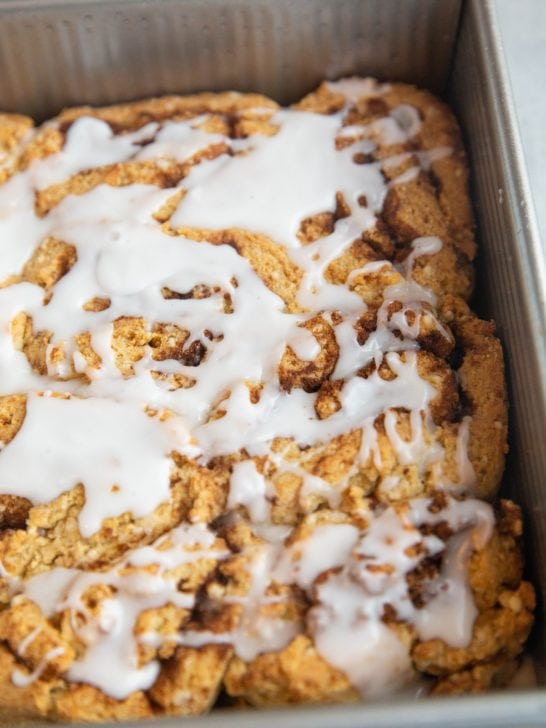 Baking dish of cinnamon rolls fresh out of the oven.