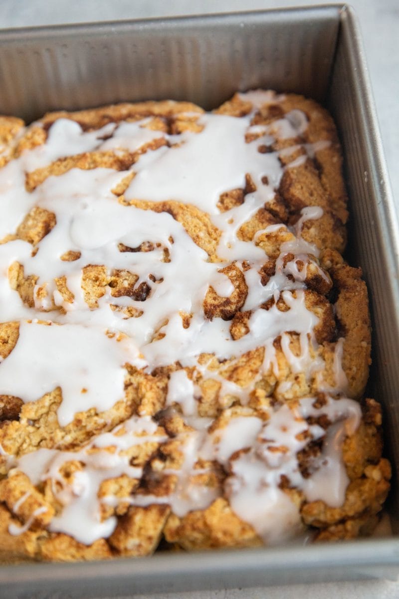 Baking dish of cinnamon rolls fresh out of the oven.