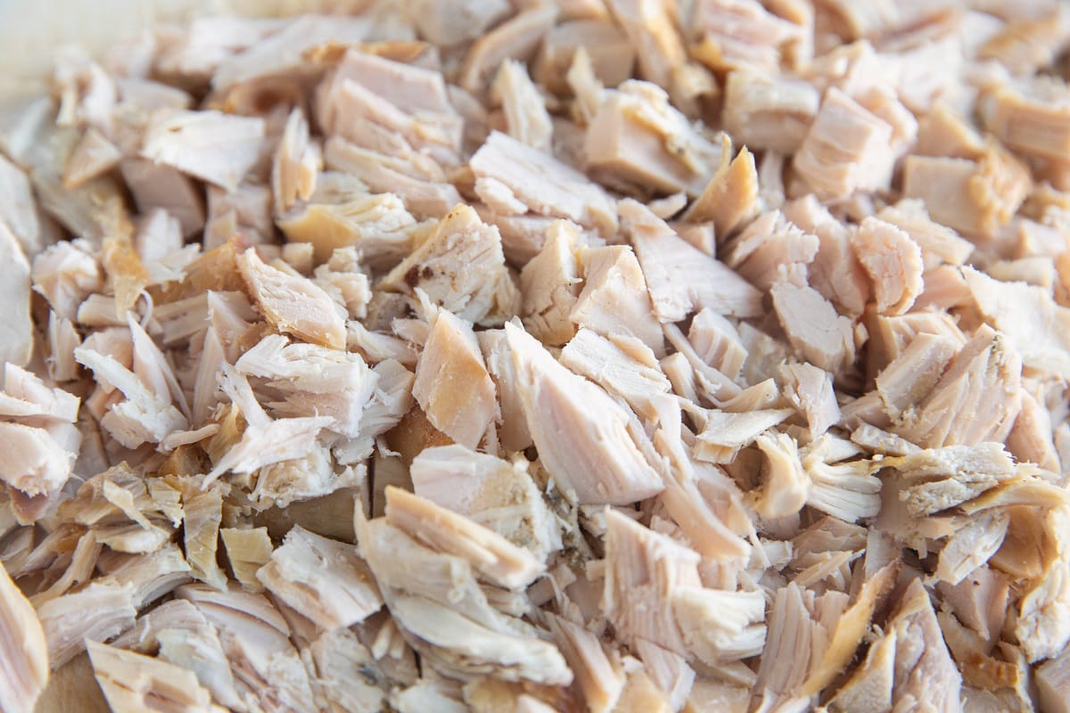 Chopped turkey on a cutting board.