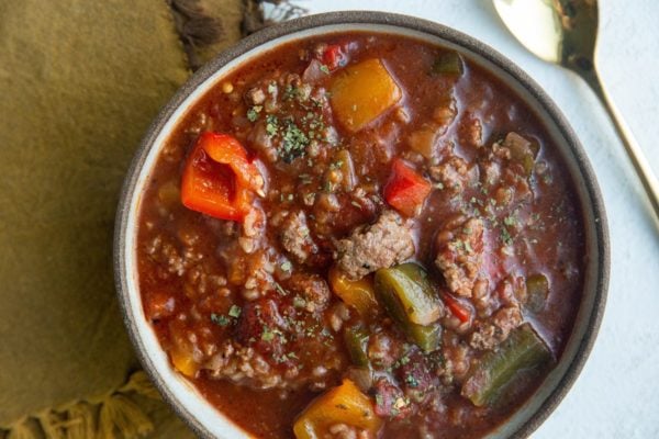 Horizontal image of a bowl of stuffed pepper soup