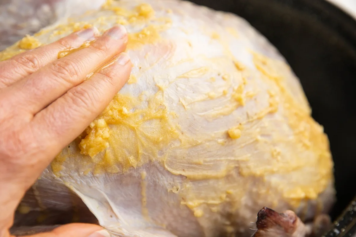 Hand rubbing butter and garlic all over a turkey