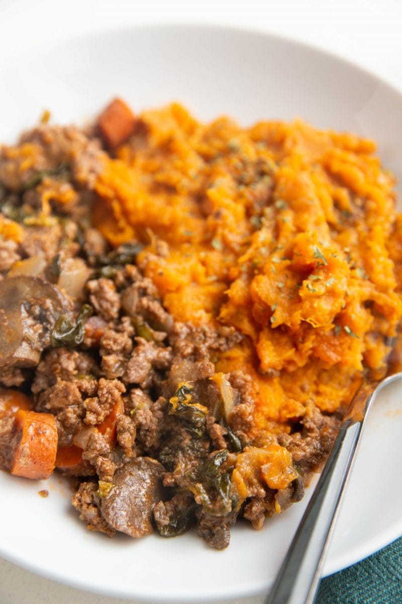 Big bowl of mashed sweet potatoes and meat with vegetables