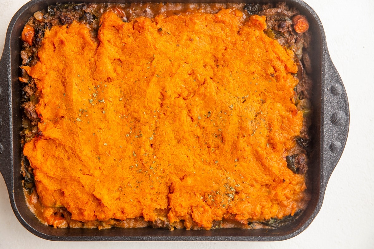 Sweet potato shepherd's pie fresh out of the oven.