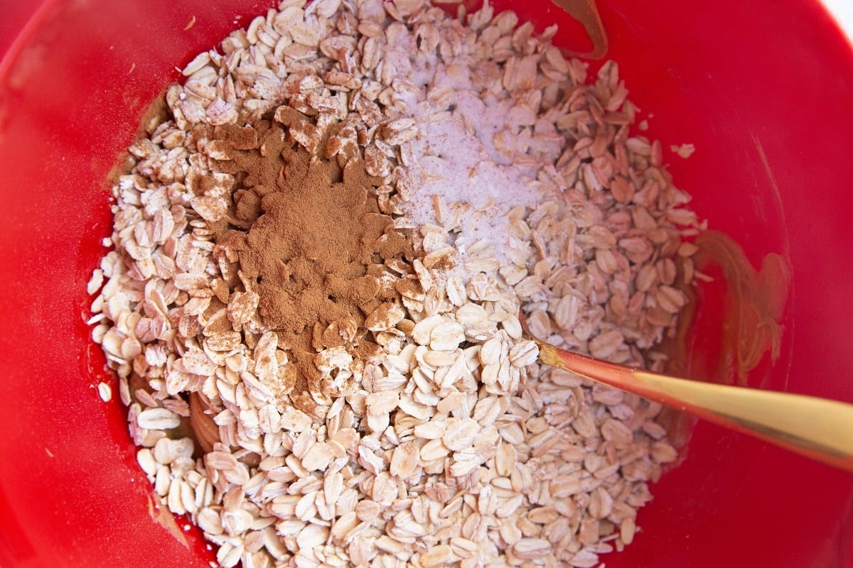 Dry ingredients on top of wet ingredients in a large bowl to make cookies.