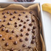 Banana Blended Baked Oats in a baking dish, fresh out of the oven.