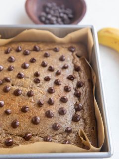 Banana Blended Baked Oats in a baking dish, fresh out of the oven.