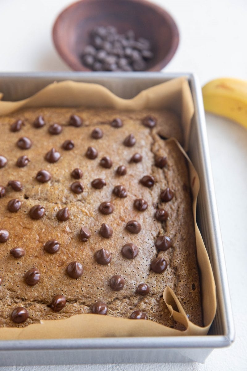 Banana Blended Baked Oats in a baking dish, fresh out of the oven.