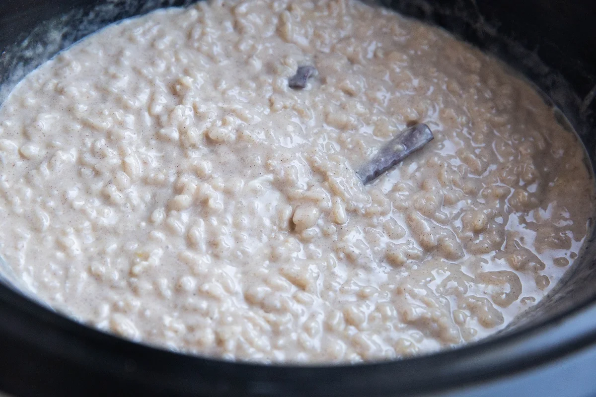Finished dairy-free rice pudding in a crock pot.