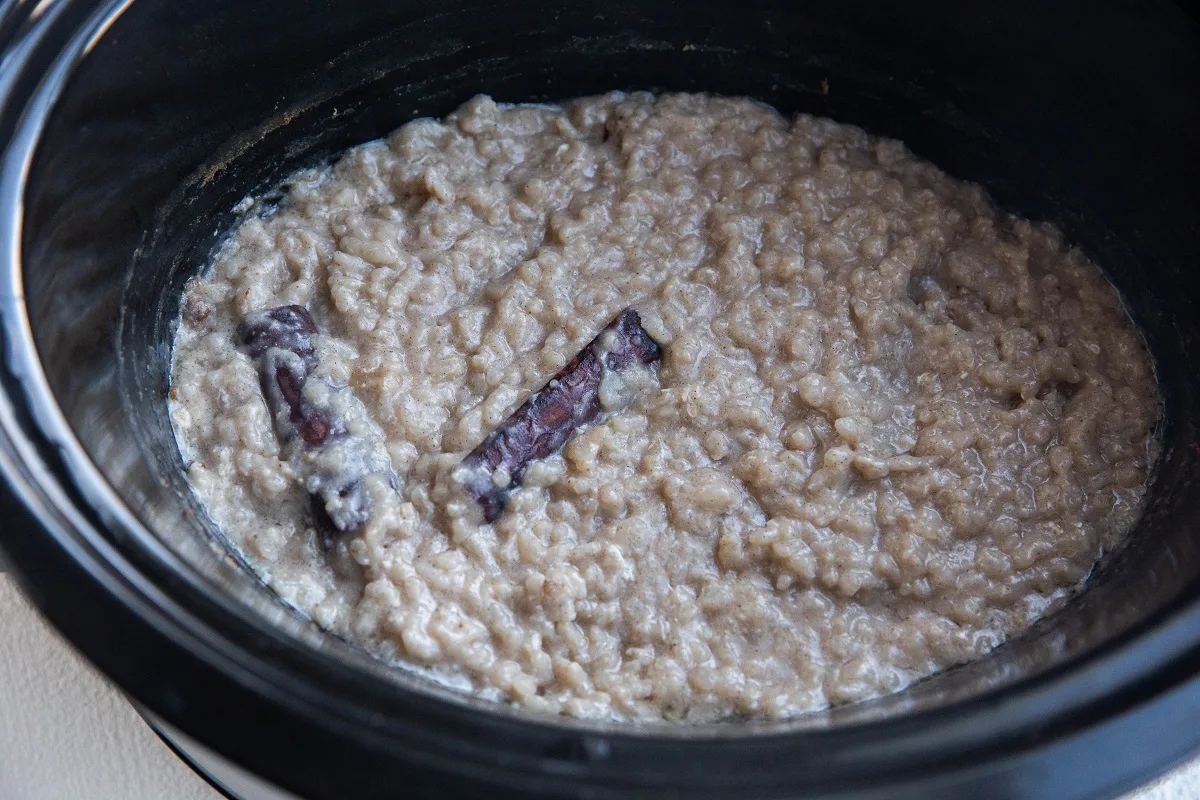 Traditional rice pudding in a slow cooker.