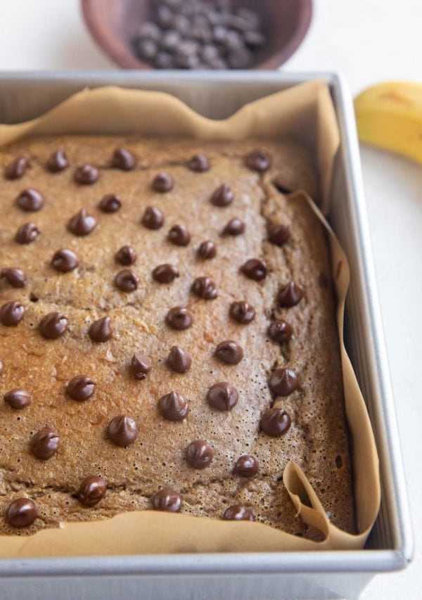 Banana Blended Baked Oats in a baking dish, fresh out of the oven.