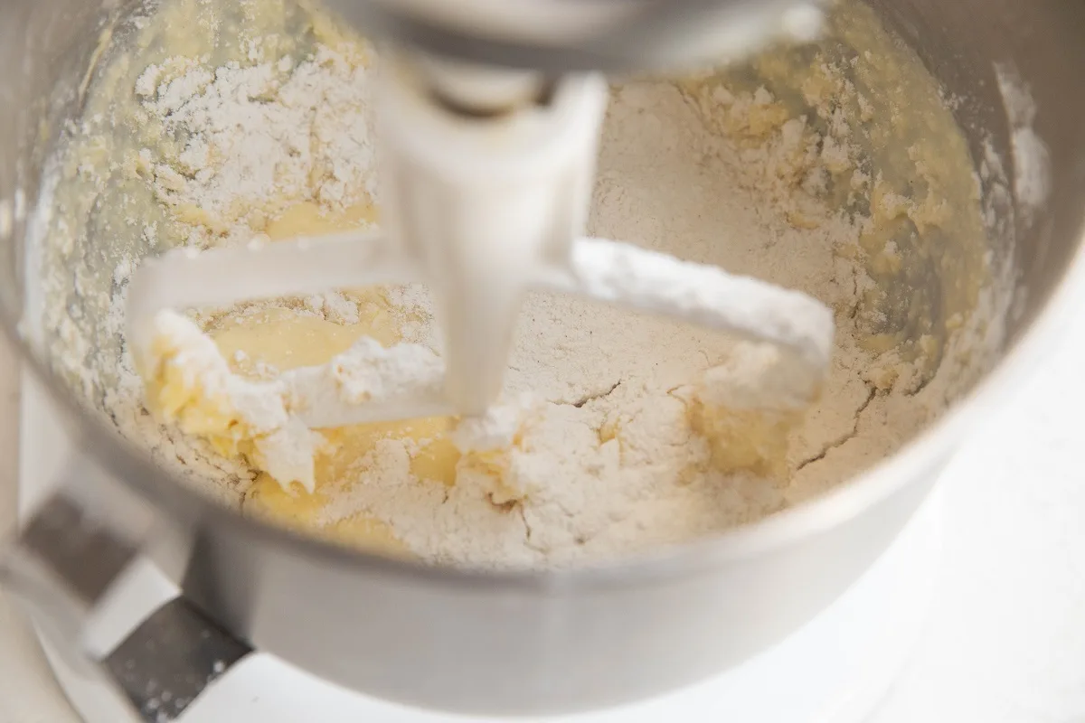Dry ingredients on top of wet ingredients in a stand mixer.