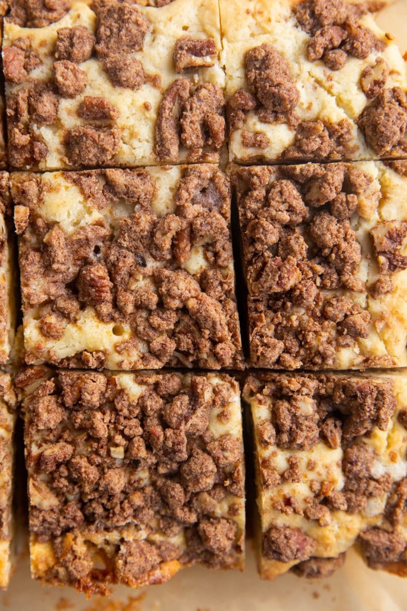 Slices of coffee cake on parchment paper.